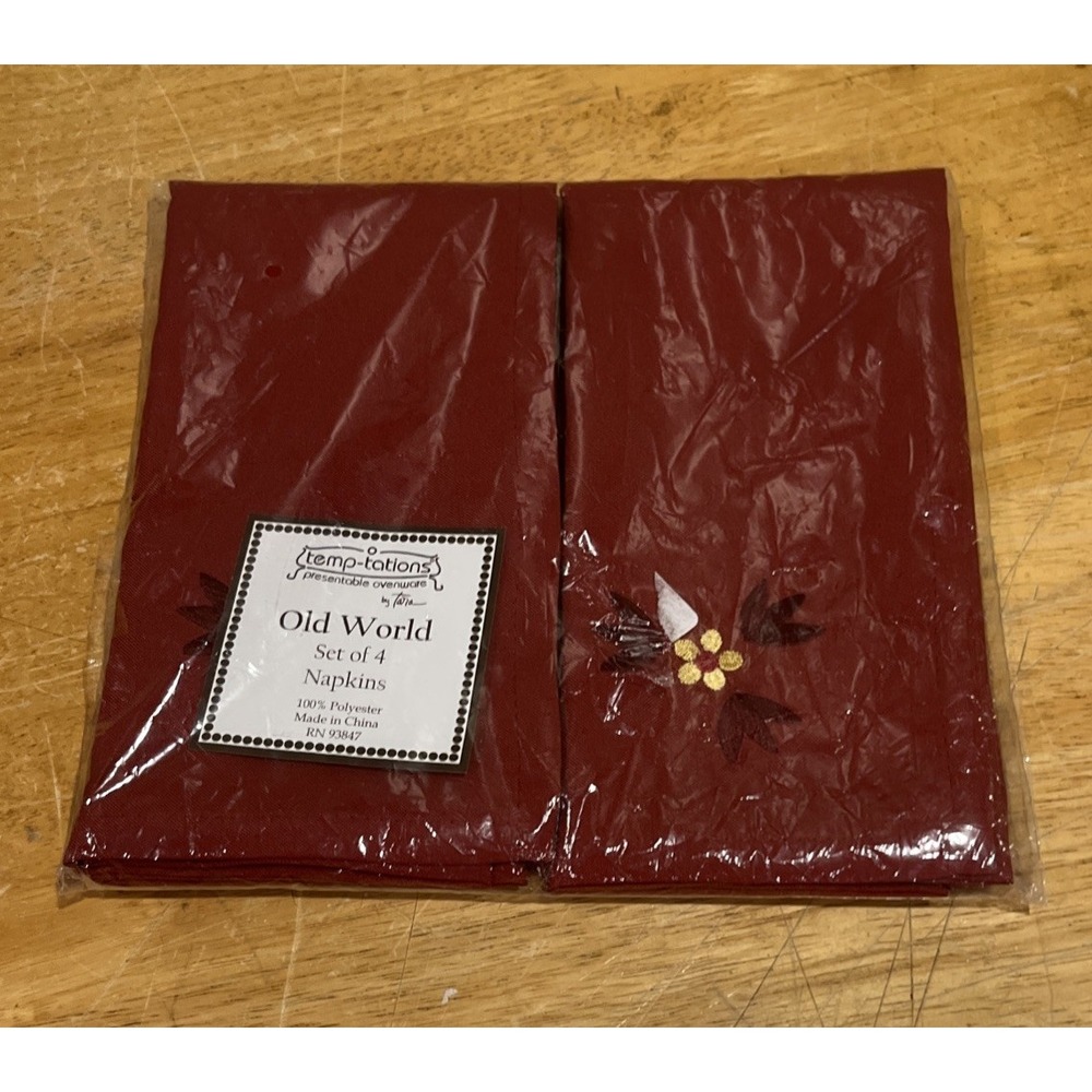 Old World Temp-Tations Burgundy Floral 4 Napkins‎ Maroon Red Flower Temptations